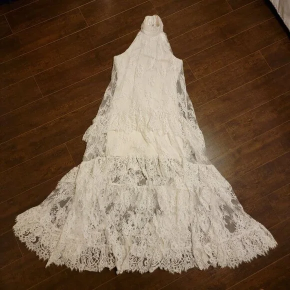 BHLDN Lace Halter Ruffle Peekaboo Maxi Dress Wedding Whimsical Romantic Womens S - Picture 2 of 10